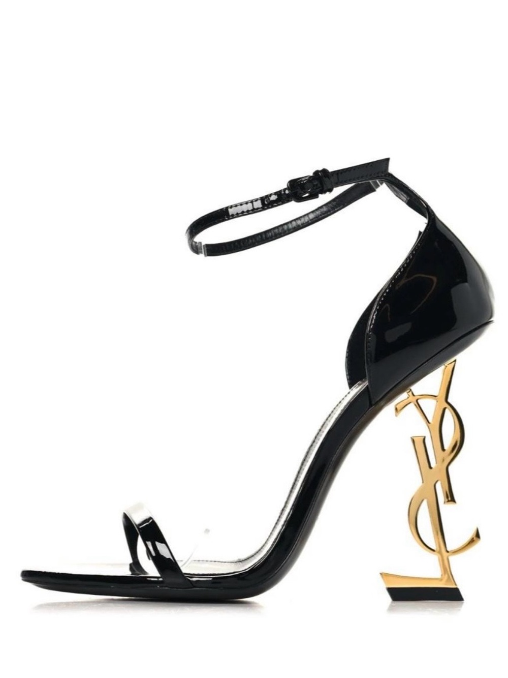Saint Laurent Black Patent Heel Sandal with Gold YSL Logo Heel